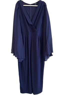 Mod X Jumpsuit 3X Chiffon Long Sleeve Surplice V Neck Plus Navy Blue Flowy Party